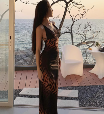 Gen Z Leopard Spaghetti Strap Maxi Dress Hot Girls Stylish Shoots Crisscross Back Long Dress AP1522