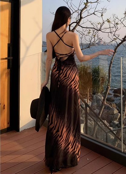 Gen Z Leopard Spaghetti Strap Maxi Dress Hot Girls Stylish Shoots Crisscross Back Long Dress AP1522