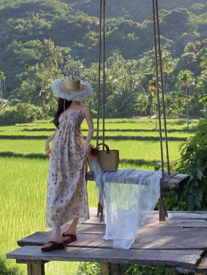 Charming Spaghetti Strap Colorful Floral Print Maxi Dress Summer Getaways Loose Style Long Dress AP1523