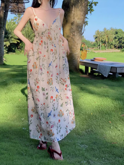 Charming Spaghetti Strap Colorful Floral Print Maxi Dress Summer Getaways Loose Style Long Dress AP1523
