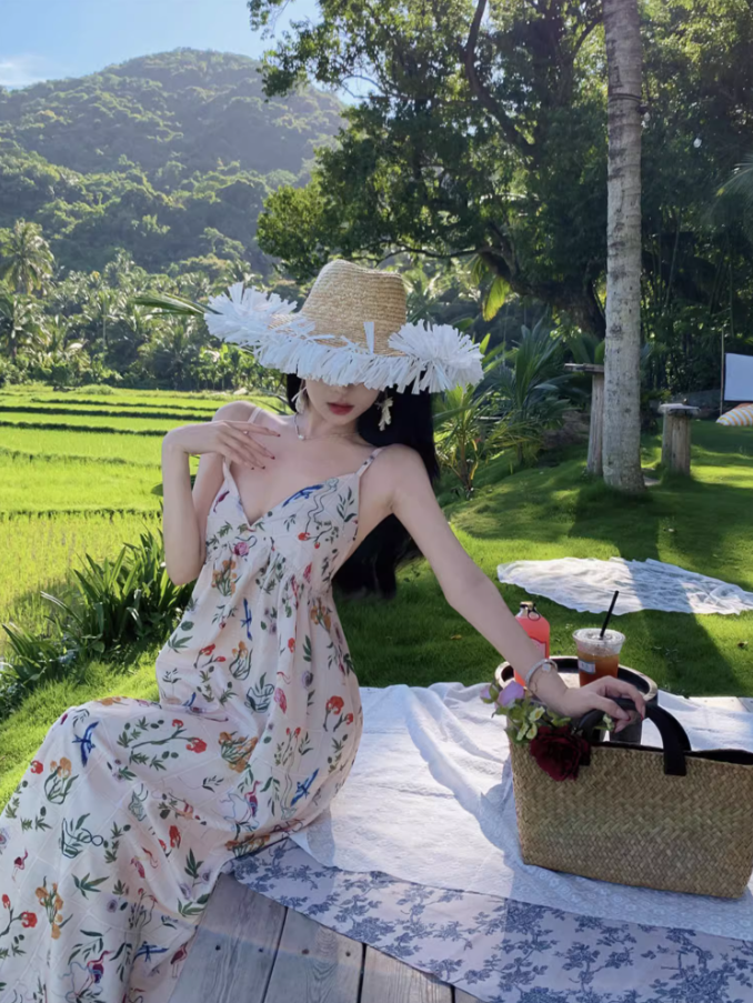 Charming Spaghetti Strap Colorful Floral Print Maxi Dress Summer Getaways Loose Style Long Dress AP1523