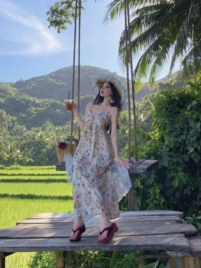 Charming Spaghetti Strap Colorful Floral Print Maxi Dress Summer Getaways Loose Style Long Dress AP1523