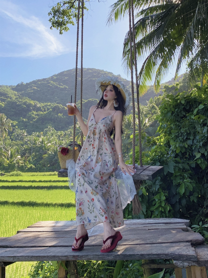 Charming Spaghetti Strap Colorful Floral Print Maxi Dress Summer Getaways Loose Style Long Dress AP1523