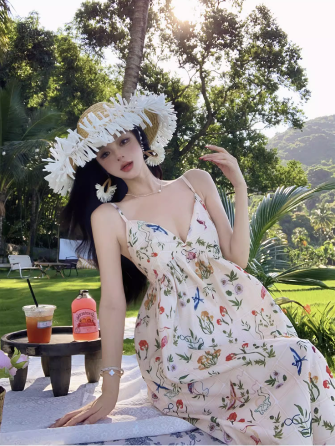 Charming Spaghetti Strap Colorful Floral Print Maxi Dress Summer Getaways Loose Style Long Dress AP1523