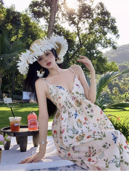 Charming Spaghetti Strap Colorful Floral Print Maxi Dress Summer Getaways Loose Style Long Dress AP1523