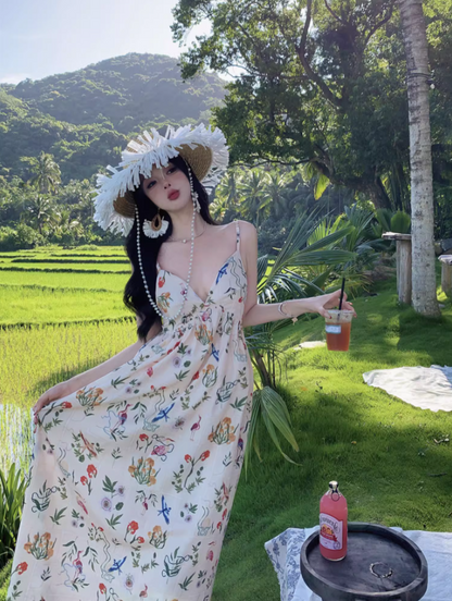 Charming Spaghetti Strap Colorful Floral Print Maxi Dress Summer Getaways Loose Style Long Dress AP1523