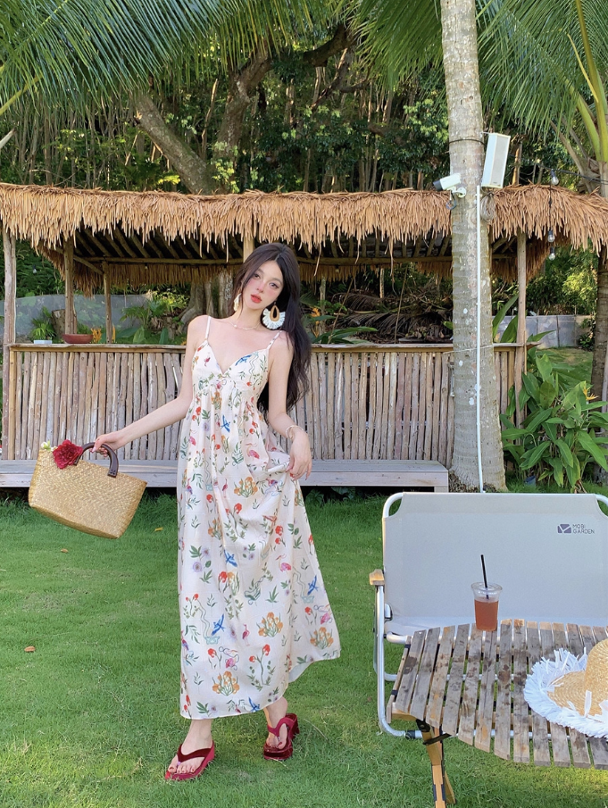 Charming Spaghetti Strap Colorful Floral Print Maxi Dress Summer Getaways Loose Style Long Dress AP1523