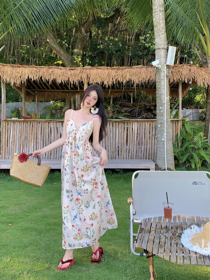 Charming Spaghetti Strap Colorful Floral Print Maxi Dress Summer Getaways Loose Style Long Dress AP1523