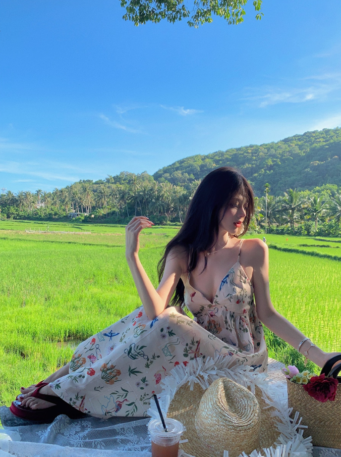 Charming Spaghetti Strap Colorful Floral Print Maxi Dress Summer Getaways Loose Style Long Dress AP1523