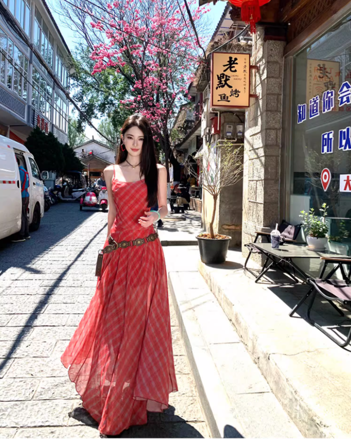 Vibrant Spaghetti Strap Plaid Red Maxi Dress Summer Getaways Flowy Hem Long Dress AP1524