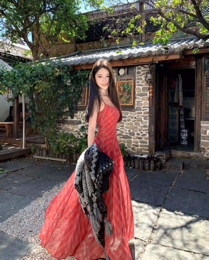 Vibrant Spaghetti Strap Plaid Red Maxi Dress Summer Getaways Flowy Hem Long Dress AP1524