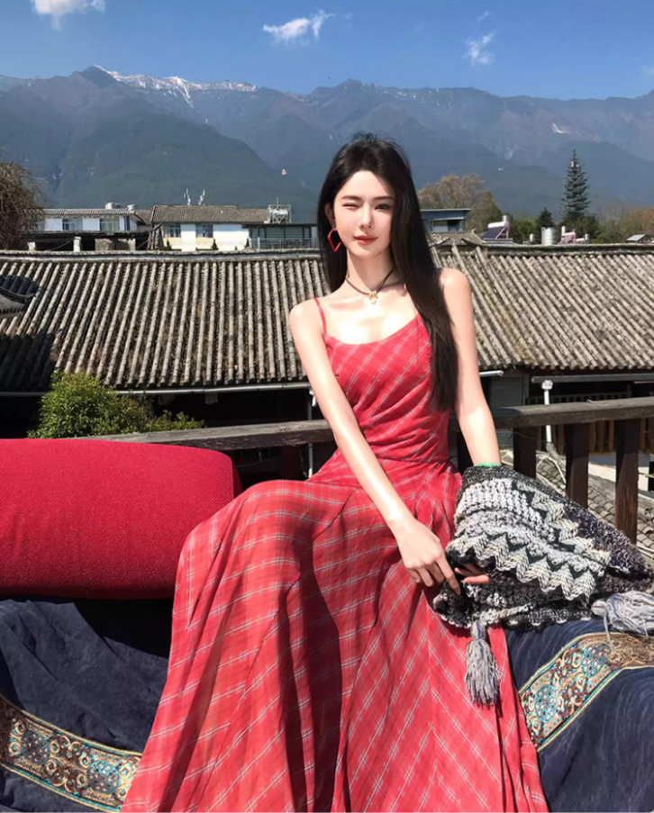 Vibrant Spaghetti Strap Plaid Red Maxi Dress Summer Getaways Flowy Hem Long Dress AP1524