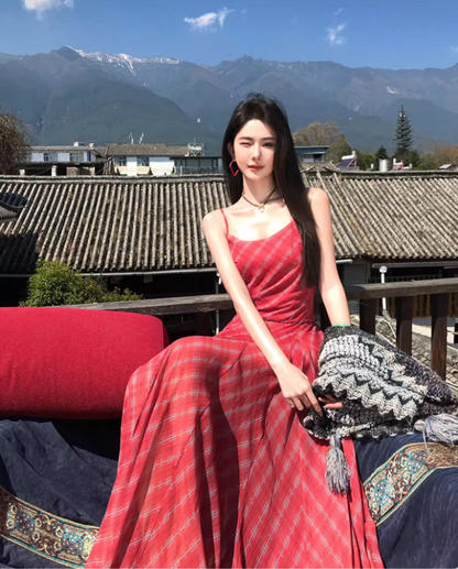 Vibrant Spaghetti Strap Plaid Red Maxi Dress Summer Getaways Flowy Hem Long Dress AP1524
