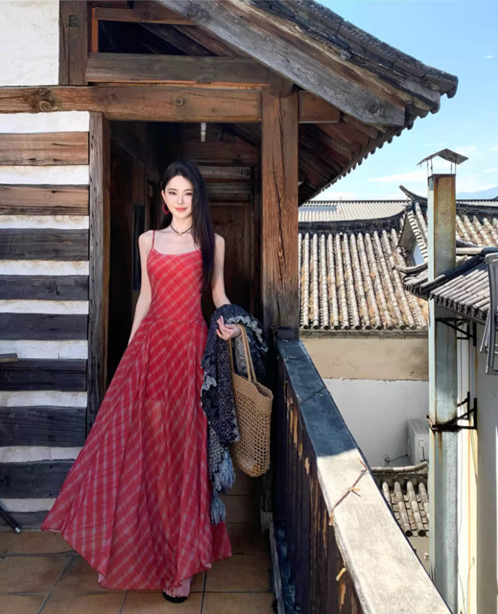 Vibrant Spaghetti Strap Plaid Red Maxi Dress Summer Getaways Flowy Hem Long Dress AP1524