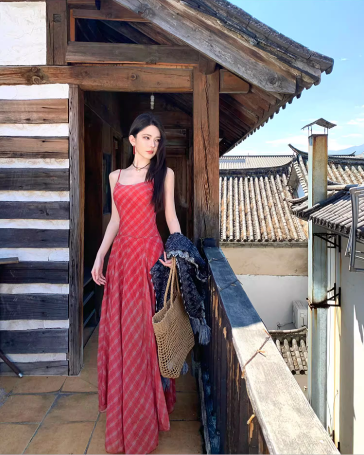 Vibrant Spaghetti Strap Plaid Red Maxi Dress Summer Getaways Flowy Hem Long Dress AP1524