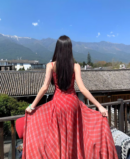 Vibrant Spaghetti Strap Plaid Red Maxi Dress Summer Getaways Flowy Hem Long Dress AP1524