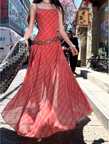 Vibrant Spaghetti Strap Plaid Red Maxi Dress Summer Getaways Flowy Hem Long Dress AP1524