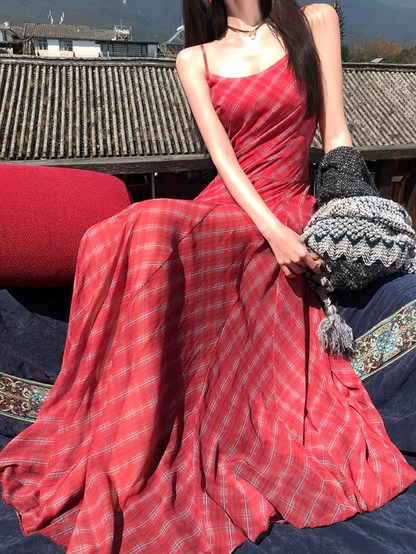 Vibrant Spaghetti Strap Plaid Red Maxi Dress Summer Getaways Flowy Hem Long Dress AP1524