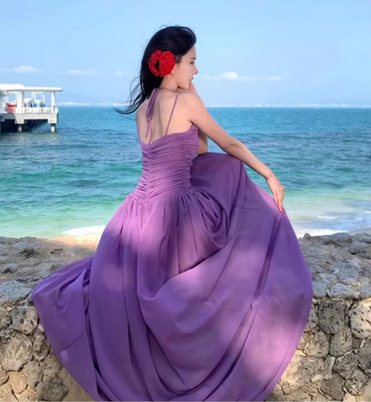 Sexy Purple Cutout Spaghetti Strap Maxi Dress Summer Getaways Plunge Neckline Flowy Hem Long Dress AP1525