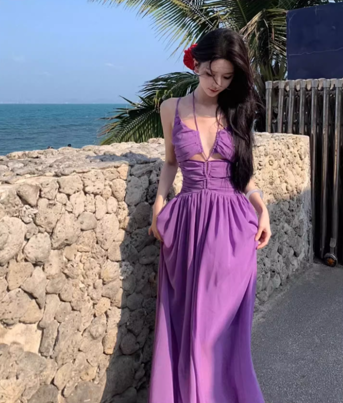 Sexy Purple Cutout Spaghetti Strap Maxi Dress Summer Getaways Plunge Neckline Flowy Hem Long Dress AP1525