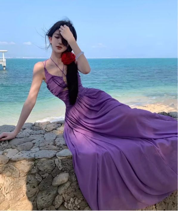 Sexy Purple Cutout Spaghetti Strap Maxi Dress Summer Getaways Plunge Neckline Flowy Hem Long Dress AP1525