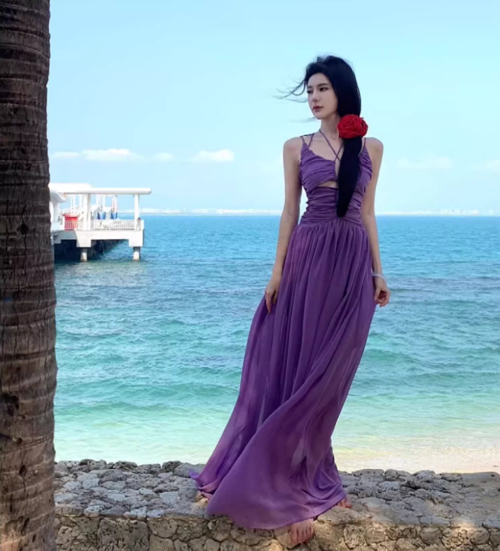 Sexy Purple Cutout Spaghetti Strap Maxi Dress Summer Getaways Plunge Neckline Flowy Hem Long Dress AP1525