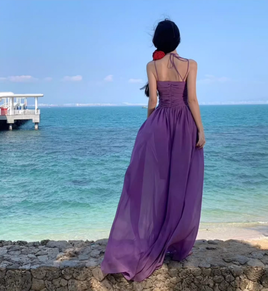 Sexy Purple Cutout Spaghetti Strap Maxi Dress Summer Getaways Plunge Neckline Flowy Hem Long Dress AP1525