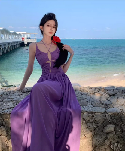 Sexy Purple Cutout Spaghetti Strap Maxi Dress Summer Getaways Plunge Neckline Flowy Hem Long Dress AP1525