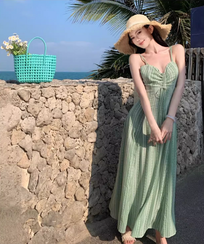 New Fashion Green Ruched Bust Spaghetti Strap Maxi Dress Summer Getaways Tie-Front Striped Long Dress AP1526