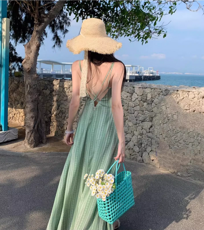 New Fashion Green Ruched Bust Spaghetti Strap Maxi Dress Summer Getaways Tie-Front Striped Long Dress AP1526