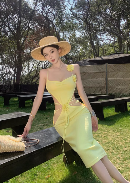 Alluring Cutout Waist Spaghetti Strap Mermaid Maxi Dress Summer Getaways Yellow Floral Design Long Dress AP1527