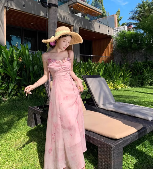 Gorgeous Pink Flowers Design Spaghetti Strap Maxi Dress Versatile Summer Getaways Floral Print Double Layers Long Dress AP1528