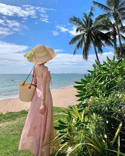 Gorgeous Pink Flowers Design Spaghetti Strap Maxi Dress Versatile Summer Getaways Floral Print Double Layers Long Dress AP1528