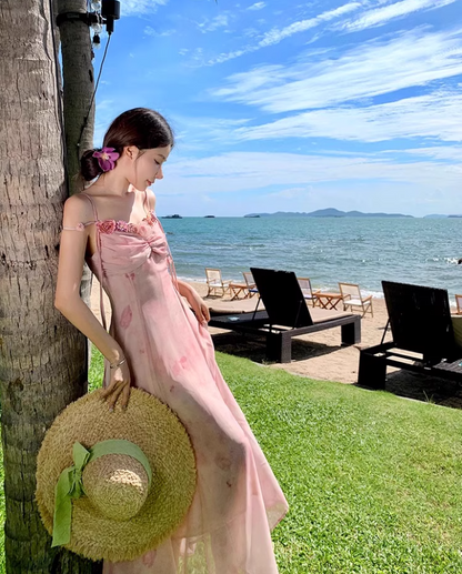 Gorgeous Pink Flowers Design Spaghetti Strap Maxi Dress Versatile Summer Getaways Floral Print Double Layers Long Dress AP1528