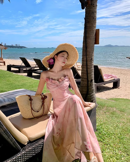 Gorgeous Pink Flowers Design Spaghetti Strap Maxi Dress Versatile Summer Getaways Floral Print Double Layers Long Dress AP1528