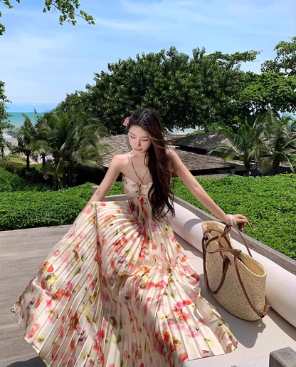 Romantic Spaghetti Strap Open-Back Maxi Dress Chic Summer Getaways Floral Print Pressed Pleat Long Dress AP1529