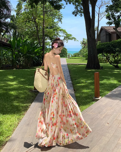 Romantic Spaghetti Strap Open-Back Maxi Dress Chic Summer Getaways Floral Print Pressed Pleat Long Dress AP1529