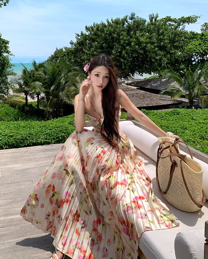 Romantic Spaghetti Strap Open-Back Maxi Dress Chic Summer Getaways Floral Print Pressed Pleat Long Dress AP1529