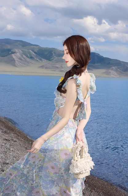 Dreamy Flowy Chiffon Spaghetti Strap Ruffles Trimmed Maxi Dress Coastal Trips Romantic Floral Print Long Dress AP1530