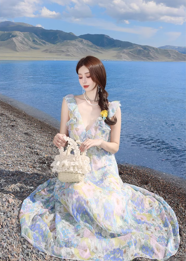 Dreamy Flowy Chiffon Spaghetti Strap Ruffles Trimmed Maxi Dress Coastal Trips Romantic Floral Print Long Dress AP1530