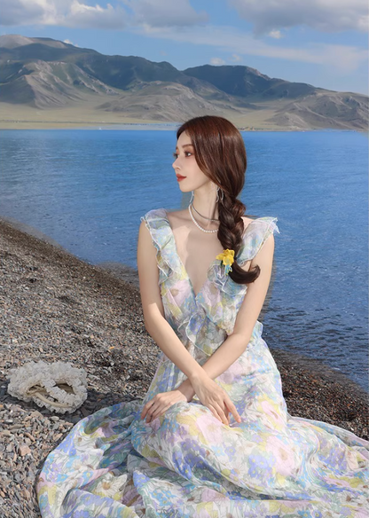 Dreamy Flowy Chiffon Spaghetti Strap Ruffles Trimmed Maxi Dress Coastal Trips Romantic Floral Print Long Dress AP1530