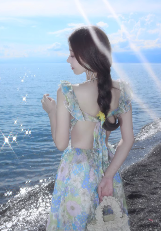 Dreamy Flowy Chiffon Spaghetti Strap Ruffles Trimmed Maxi Dress Coastal Trips Romantic Floral Print Long Dress AP1530