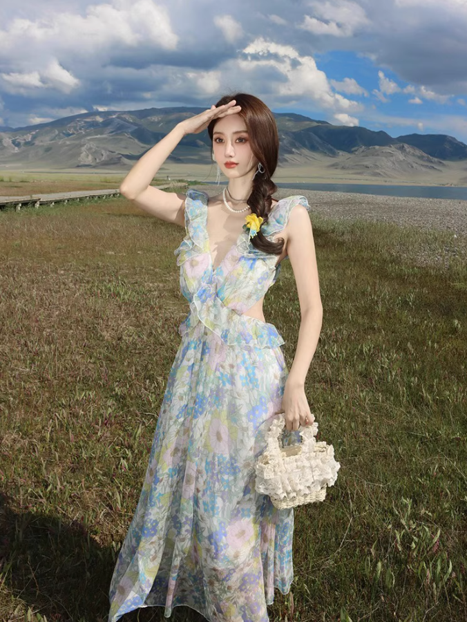 Dreamy Flowy Chiffon Spaghetti Strap Ruffles Trimmed Maxi Dress Coastal Trips Romantic Floral Print Long Dress AP1530