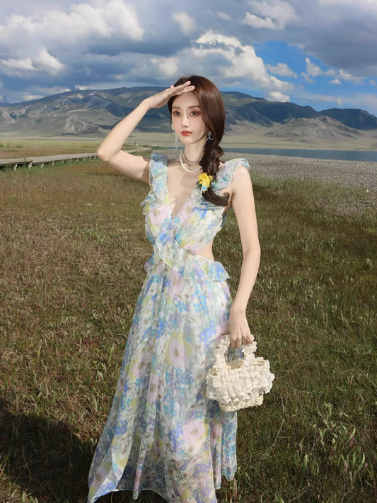 Dreamy Flowy Chiffon Spaghetti Strap Ruffles Trimmed Maxi Dress Coastal Trips Romantic Floral Print Long Dress AP1530