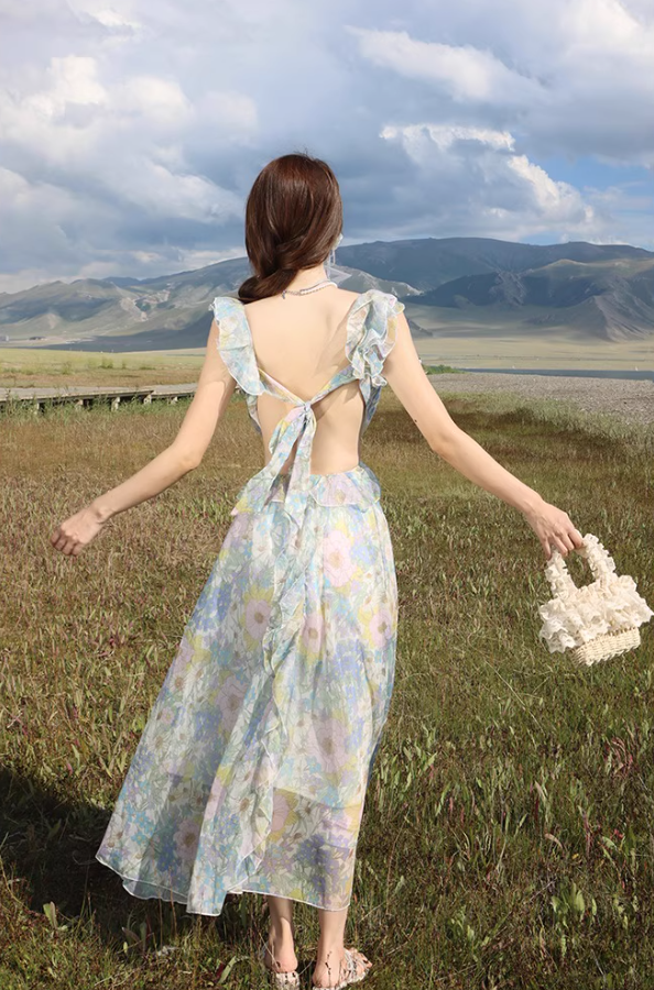 Dreamy Flowy Chiffon Spaghetti Strap Ruffles Trimmed Maxi Dress Coastal Trips Romantic Floral Print Long Dress AP1530