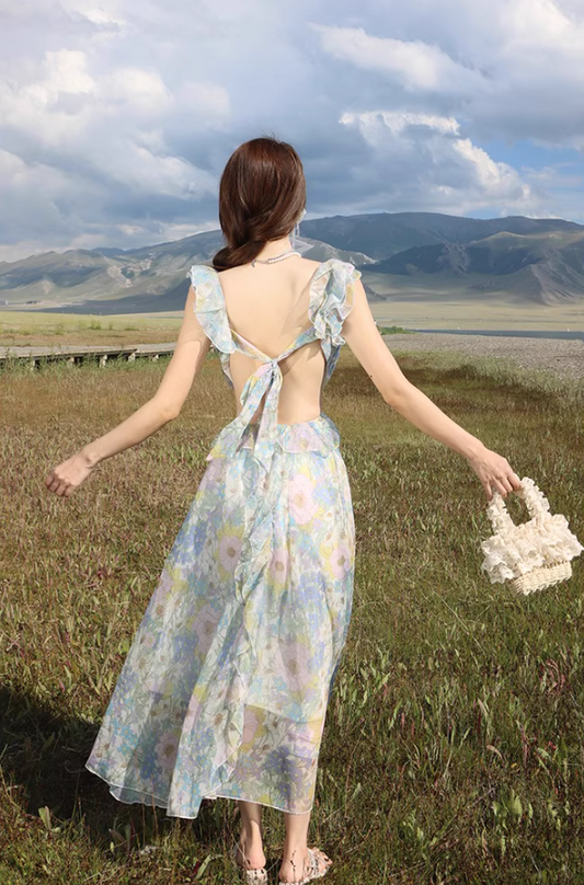 Dreamy Flowy Chiffon Spaghetti Strap Ruffles Trimmed Maxi Dress Coastal Trips Romantic Floral Print Long Dress AP1530