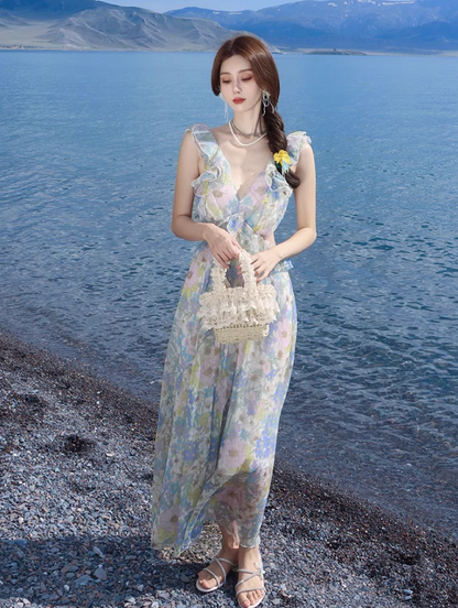 Dreamy Flowy Chiffon Spaghetti Strap Ruffles Trimmed Maxi Dress Coastal Trips Romantic Floral Print Long Dress AP1530