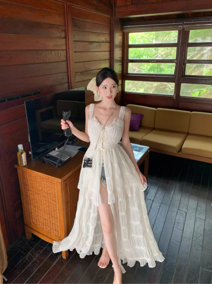 Ethereal White Tiered Flowy Chiffon Maxi Dress Spaghetti Strap High-Slit Ruffles Trimmed Long Dress AP1531