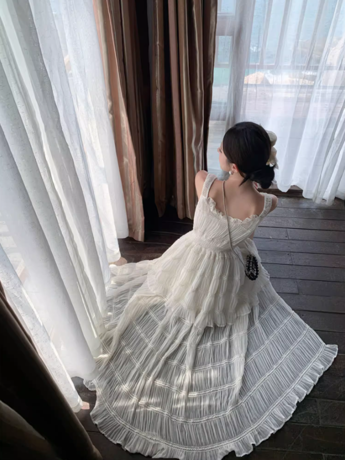 Ethereal White Tiered Flowy Chiffon Maxi Dress Spaghetti Strap High-Slit Ruffles Trimmed Long Dress AP1531