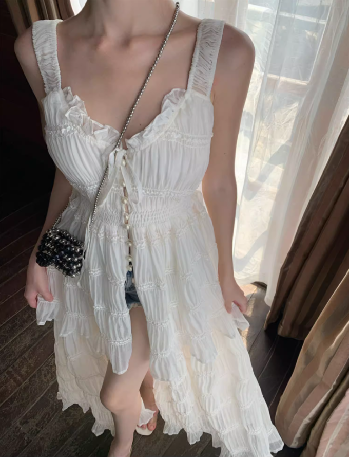 Ethereal White Tiered Flowy Chiffon Maxi Dress Spaghetti Strap High-Slit Ruffles Trimmed Long Dress AP1531